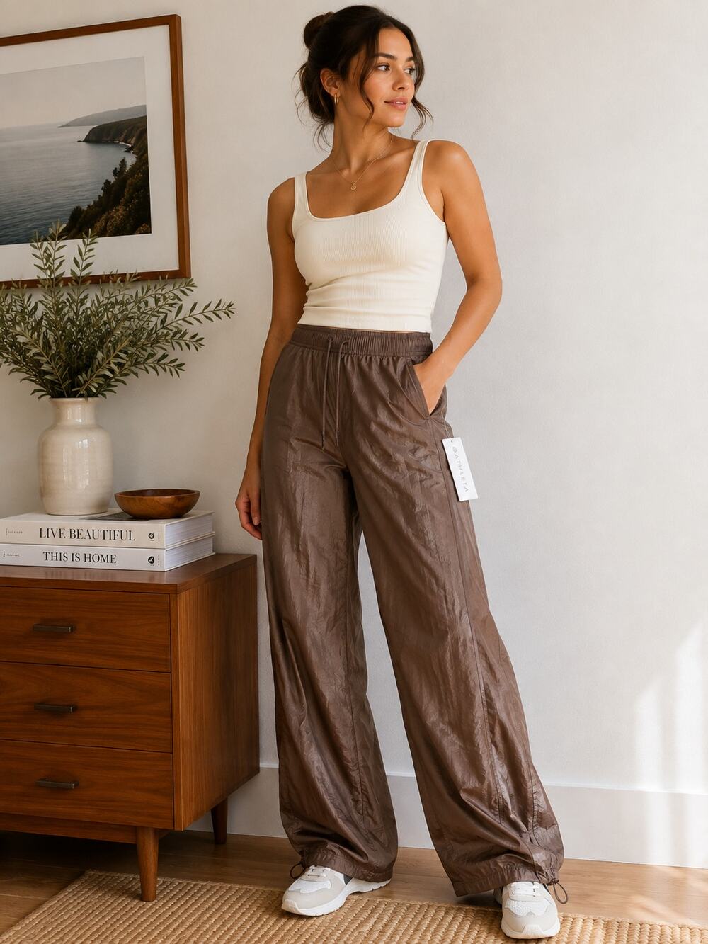 Athleta NWT Shimmer Wide Leg Parachute Pants Brown Bronze Size M ✨